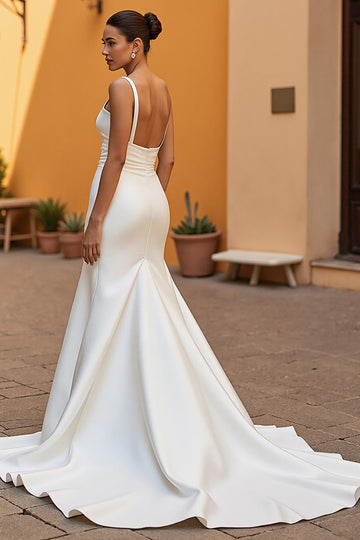 Ivory Court Train Satin Mermaid Square Neck Wedding Dress
